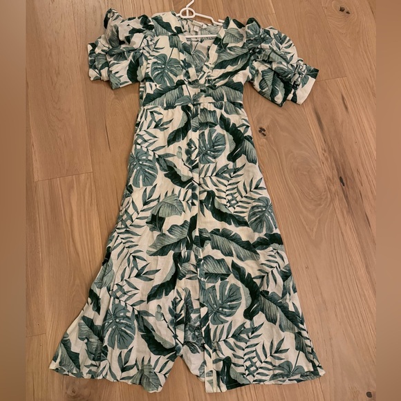 Johanna Ortiz x H&M Linen Blend Midi in Green Palm Leaf Floral Dress S - Picture 1 of 4